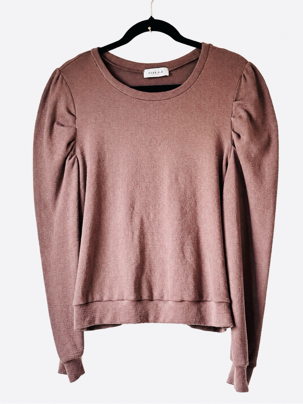 Gilli Mauve Ribbed Puff Sleeve Top Medium Soft Knit Long Sleeve